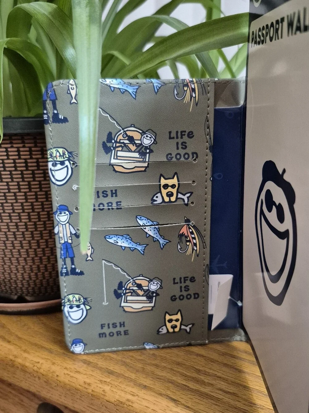 Life Is Good Olive Green Fishing Passport Holder with Blue & Yellow Accents. NEW
